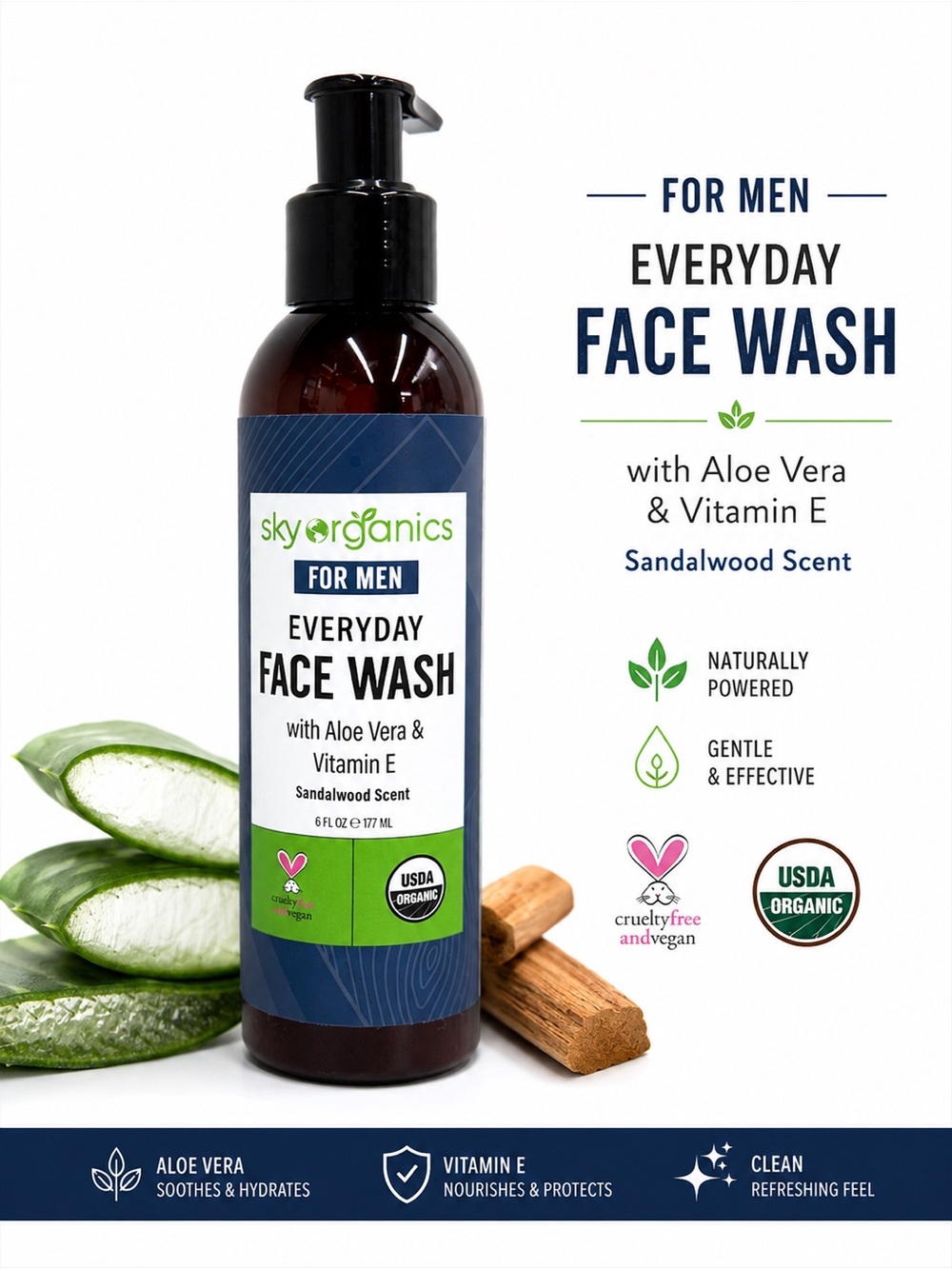Sky Organics For Men Everyday Face Wash 6 oz | Aloe Vera + Vitamin E
